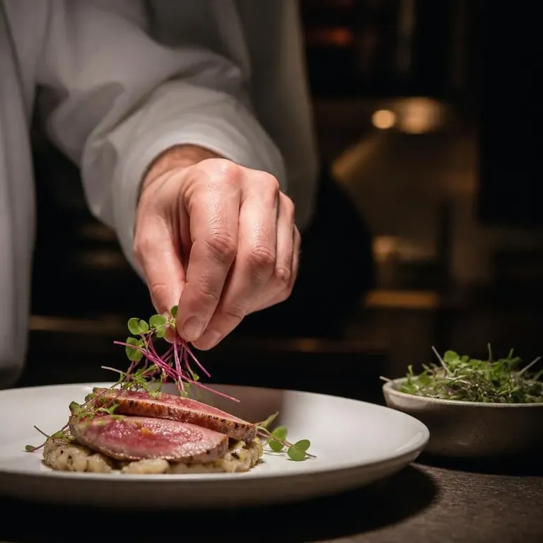 Chef finishing a plate with microgreens
