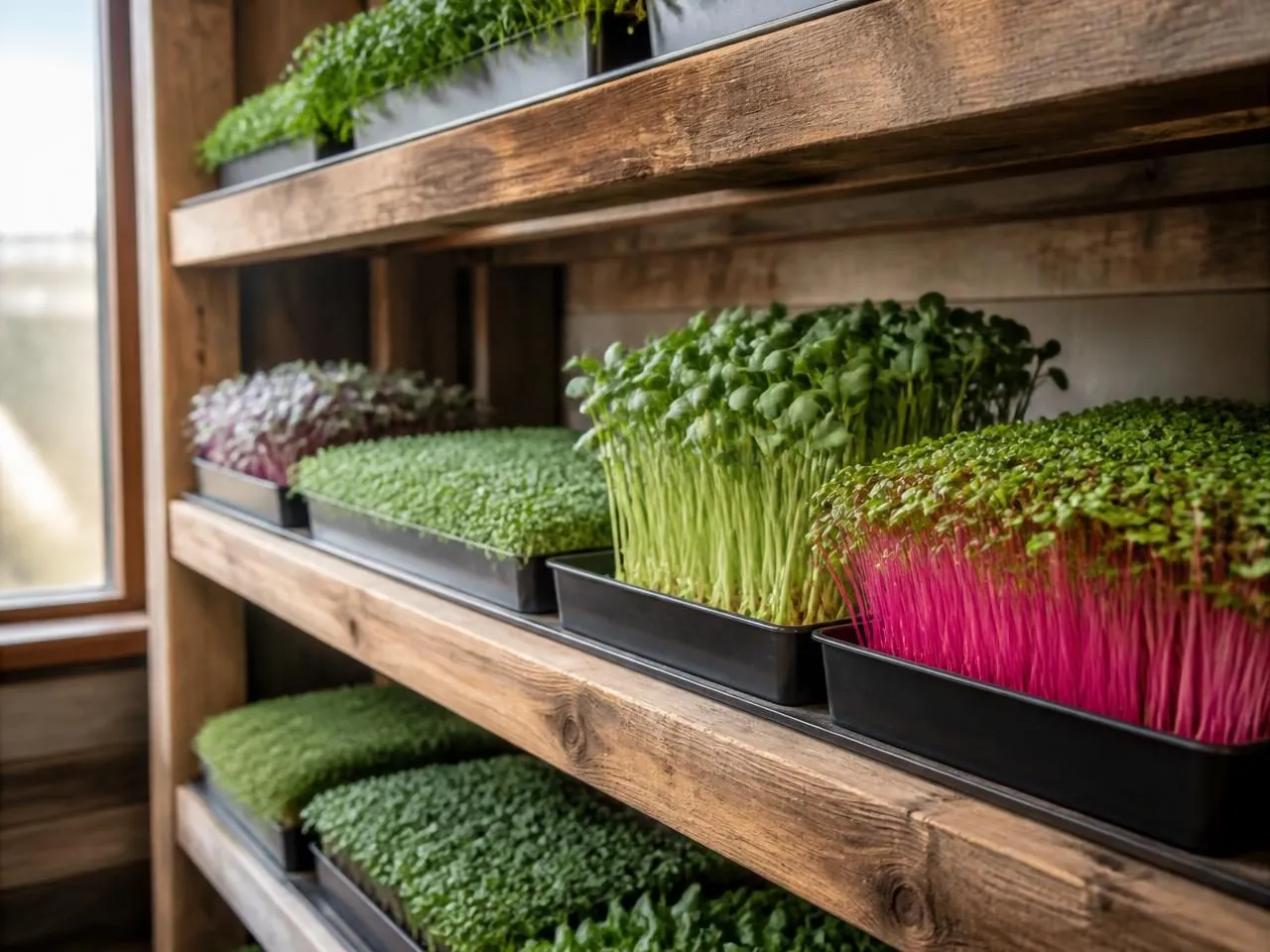 Interior of the GRINTO growing room with rows of microgreen trays